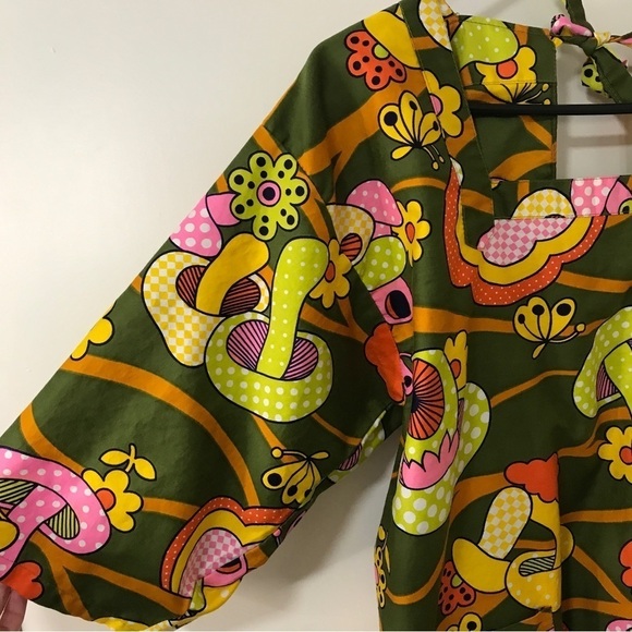 Vintage Design House 100% cotton retro 70s mushroom floral print apron dress - Picture 3 of 11